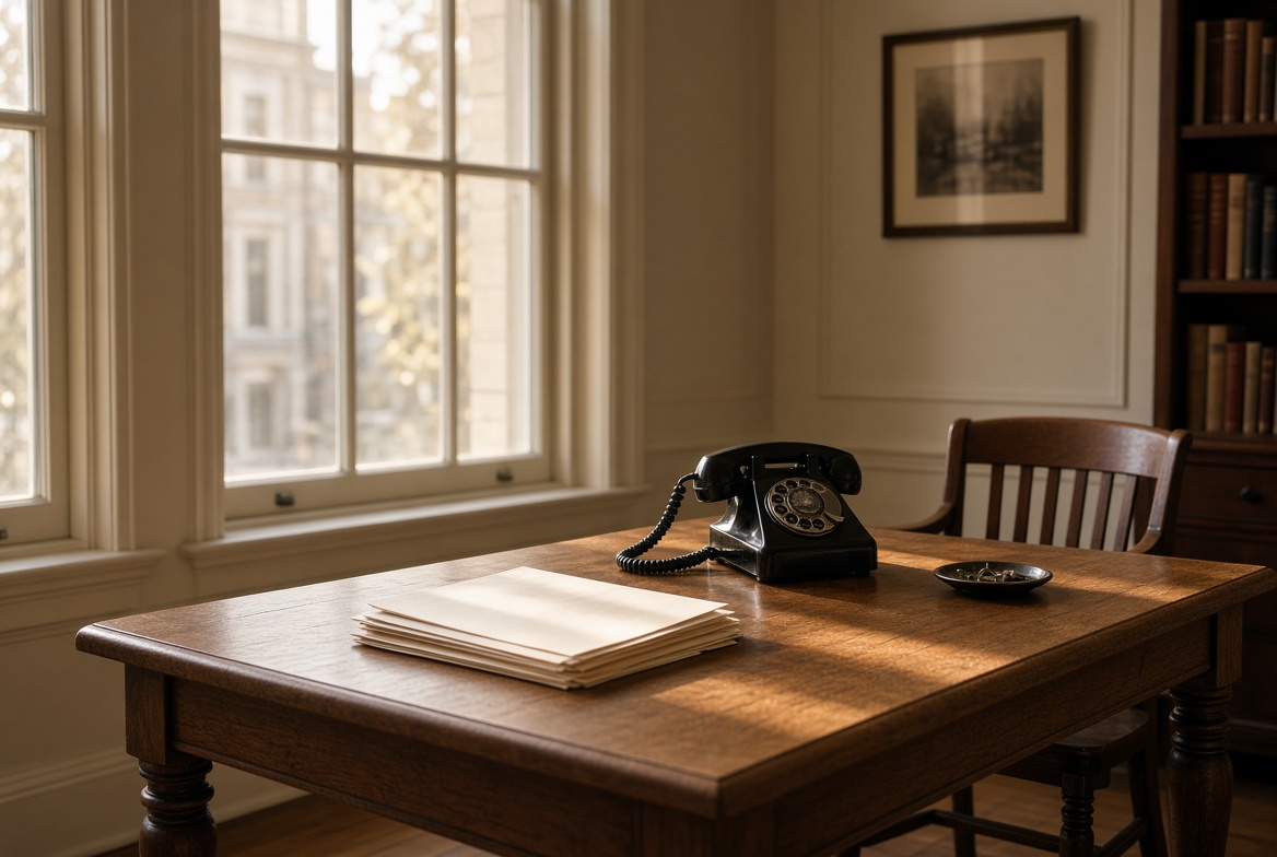 A quiet office table with a telephone, a stack of paper, and afternoon light